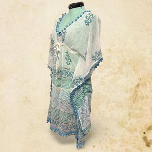 adjustable 100% silk boho geometric sheer beach coverup with blue pompoms